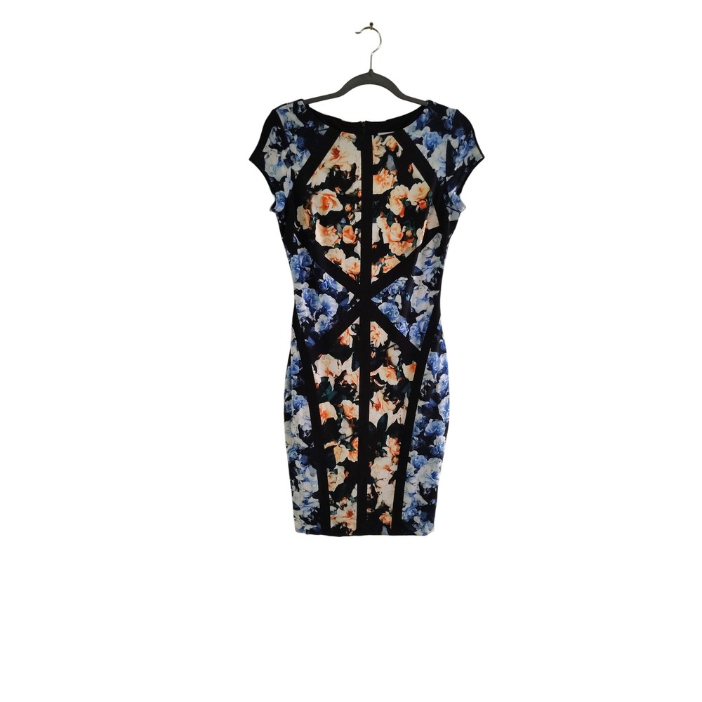 Cache Floral Geometric Panel Bodycon Sheath Dress Blue Orange Black Womens M